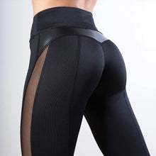 Load image into Gallery viewer, Fashion PU Leather Leggings Patchwork Sexy Mesh Women Gym Fitness Workout Leggings Solid Black Sports Yoga Running Pants