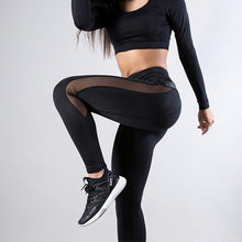 Load image into Gallery viewer, Fashion PU Leather Leggings Patchwork Sexy Mesh Women Gym Fitness Workout Leggings Solid Black Sports Yoga Running Pants
