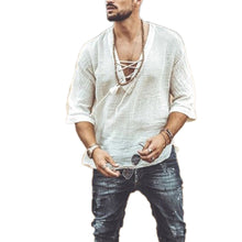 Load image into Gallery viewer, Men&#39;s Fashion Hippie Linen Shirt Casual Middle Sleeve V Neck Summer Beach Loose Tee Tops Solid Color T shirts  2020 New
