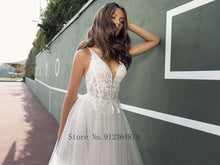 Load image into Gallery viewer, Boho Vintage Tulle Wedding Dress Princess A-Line Lace Appliques Spaghetti Straps Backless Bridal Gown 2022 B
