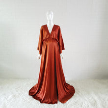 Load image into Gallery viewer, Boho Satin Maternity Photography Prop Dress V-neck Silk Bohemian Pregnancy Photo Shoot Long Dress Side Slit Baby Shower Dress
