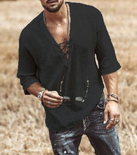 Load image into Gallery viewer, Men&#39;s Fashion Hippie Linen Shirt Casual Middle Sleeve V Neck Summer Beach Loose Tee Tops Solid Color T shirts  2020 New
