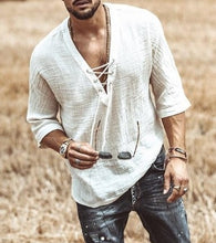 Load image into Gallery viewer, Men&#39;s Fashion Hippie Linen Shirt Casual Middle Sleeve V Neck Summer Beach Loose Tee Tops Solid Color T shirts  2020 New
