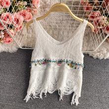 Load image into Gallery viewer, Hollow crochet flowers crop tops sexy V neck knitted camis for women off shoulder omighty slim fit camis 2021 fashion hot
