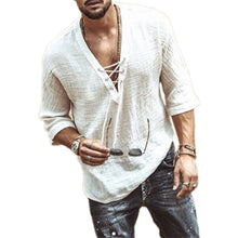 Load image into Gallery viewer, Men&#39;s Fashion Hippie Linen Shirt Casual Middle Sleeve V Neck Summer Beach Loose Tee Tops Solid Color T shirts  2020 New

