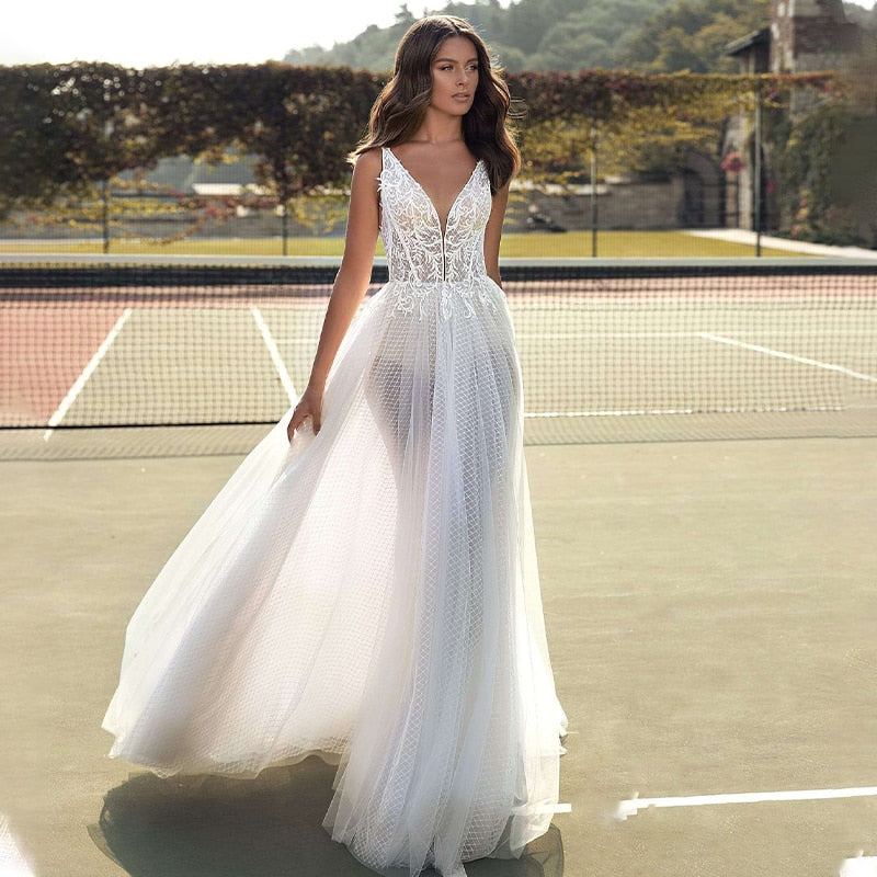 Boho Vintage Tulle Wedding Dress Princess A-Line Lace Appliques Spaghetti Straps Backless Bridal Gown 2022 B