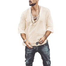 Load image into Gallery viewer, Men&#39;s Fashion Hippie Linen Shirt Casual Middle Sleeve V Neck Summer Beach Loose Tee Tops Solid Color T shirts  2020 New

