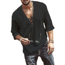 Load image into Gallery viewer, Men&#39;s Fashion Hippie Linen Shirt Casual Middle Sleeve V Neck Summer Beach Loose Tee Tops Solid Color T shirts  2020 New
