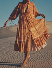 Load image into Gallery viewer, Half Sleeve Tie Loose Straight Women Floral Print Beach Bohemian Maxi Dress Ladies Single Breasted Rayon Cotton Dresses Vestidos
